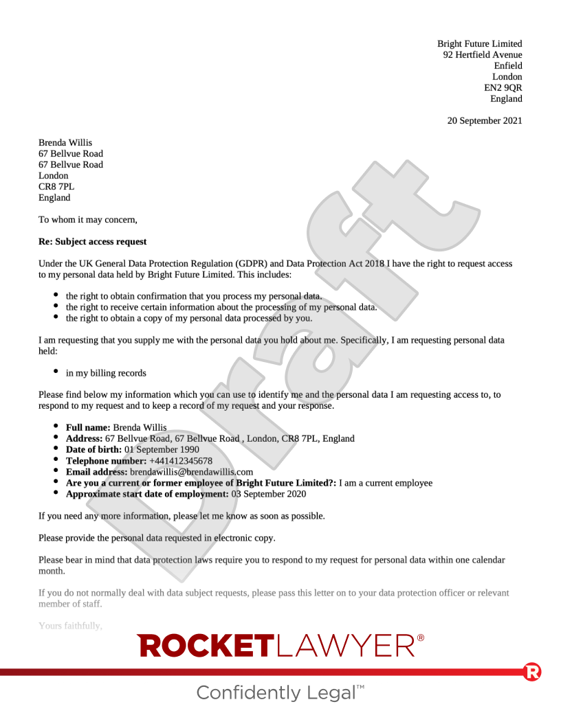 Data Subject Access Request Template FAQs Rocket Lawyer UK